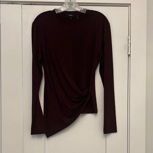 Theory wine oxblood maroon Asymmetrical Fitted knit rouched Blouse size small